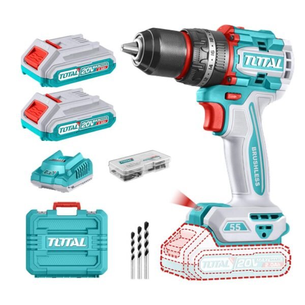 TALADRO INALAMBRICO PERCUTOR 1/2 20V 55NM INCLUYE 2 BATERIA DE 2.0AH, CARGADOR,47 ACCESORIOS,3 BROCAS CONCRETO INDUSTRIAL SUPER TOTAL (UTIDLI20558)