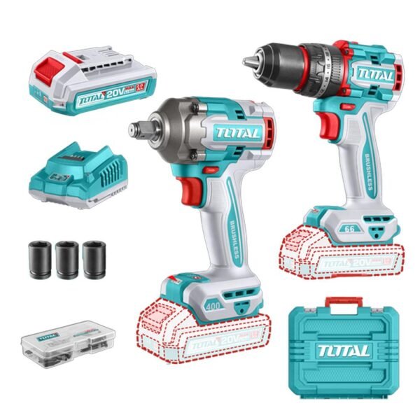 COMBO INALAMBRICO TALADRO 1/2" 66 NM + PISTOLA IMPACTO 1/2" 20V 400 N.M INCLUYE 2 BATERIAS 2.0AH , 1 CARGADOR Y ACCESORIOS SUPER TOTAL (UTCKLI20275)