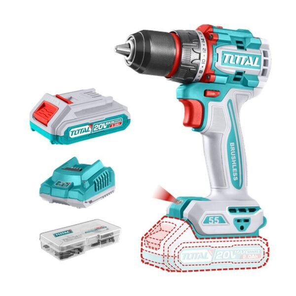 TALADRO ATORNILLADOR INALAMBRICO 1/2 20V 55NM INCLUYE 1 BATERIA DE 2.0AH, CARGADOR,47 ACCESORIOS TOTAL (UTDLI205582)