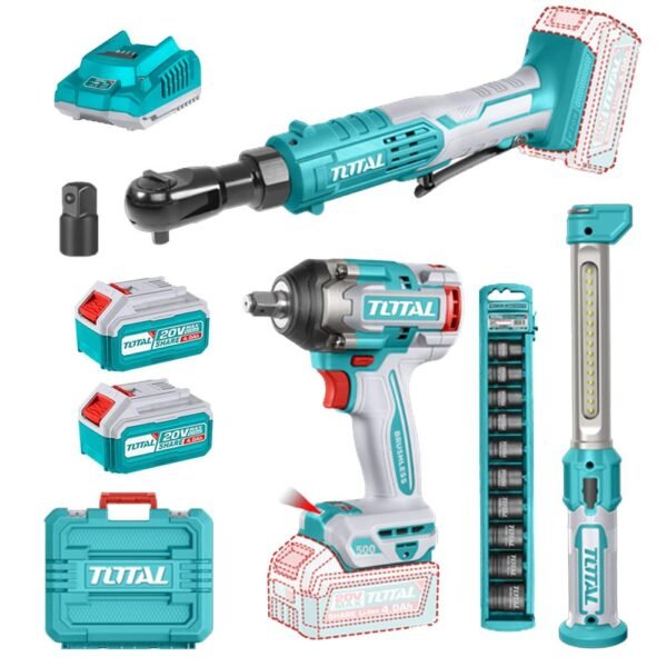 COMBO INALAMBRICO 20V PISTOLA IMPACTO 1/2 500NM + RACHE 65NM + LAMPARA DE TRABAJO 300 LUMENES + 2 BATERIAS 4.0AH Y CARGADOR INCLUYE ACCESORIOS INDUSTRIAL SUPER TOTAL (UTOSLI250981)