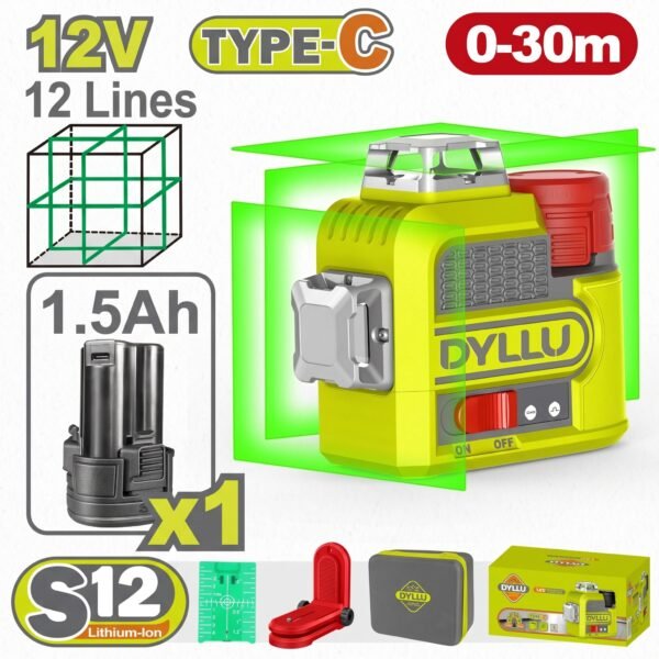 NIVEL LASER 0-30M 12V LUZ VERDE 3D 12 LINEAS RECARGABLE TIPO USB-C DYLLU (DTLE8M12)