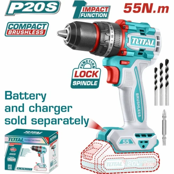 TALADRO INALAMBRICO PERCUTOR 1/2 20V 55 N.M CARGADOR Y BATERIA NO INCLUIDO SUPER TOTAL TIDLI205581