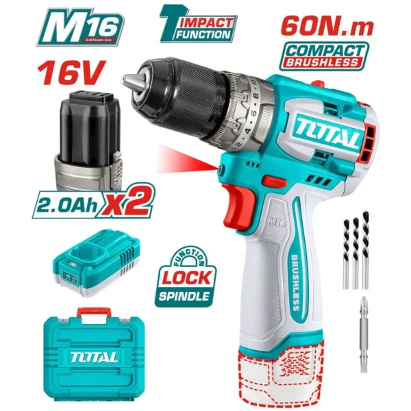 TALADRO INALAMBRICO PERCUTOR 1/2 16V 60NM INCLUYE 2 BATERIAS 2,0AH Y CARGODOR INDUSTRIAL SUPER TOTAL UTIDLI16682