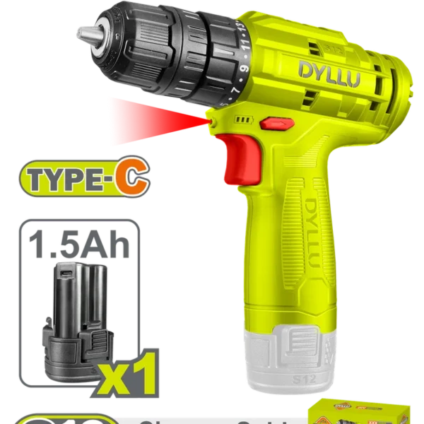 TALADRO INALAMBRICO 3/8 12V 20NM INCLUYE 1 BATERIA 1.5AH CARGADOR NO INCLUIDO DYLLU (DTCDS510)