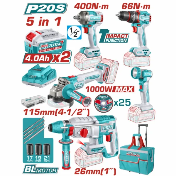 COMBO INALAMBRICO 20V TALADRO PERCUTOR ATORNILLADOR 1/2 66 NM + PISTOLA IMPACTO 1/2 20V 400 NM + TALADRO ROTOMARTILLO 1" 2.5JULES + PULIDORA 4 1/2 + LAMPARA DE TRABAJO 270LM INCLUYE 2 BATERIAS 4.0 AH , CARGADOR Y ACCESORIOS INDUSTRIAL SUPER TOTAL (UTCKLI20592)