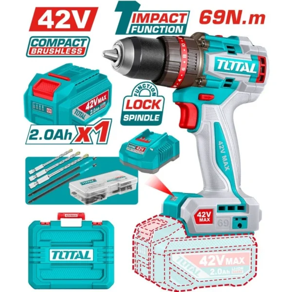 TALADRO INALAMBRICO PERCUTOR 1/2" 69NM 42V CAJA PLASTICA INCLUYE 1  BATERIA 42V, 1 CARGADOR Y ACCESORIOS INDUSTRIAL SUPER TOTAL (UTIDLI426981)