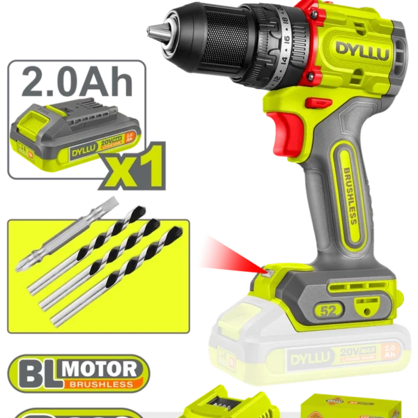 TALADRO INALAMBRICO PERCUTOR 1/2" 52 NM 20V CAJA CARTON INCLUYE 1 BATERIAS 20V (2.0AH), 1 CARGADOR Y ACCESORIOS DYLLU (UDTCDP5282)