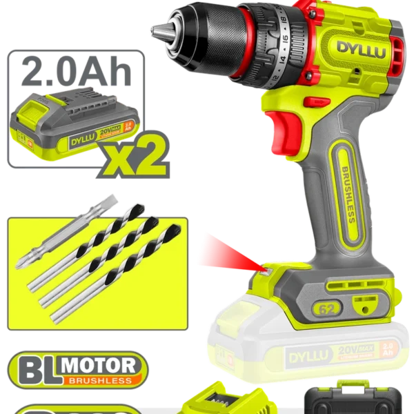 TALADRO INALAMBRICO PERCUTOR 1/2" 62 NM 20V CAJA PLASTICA INCLUYE 2 BATERIAS 20V (2.0AH), 1 CARGADOR Y ACCESORIOS DYLLU (UDTCDP6281)