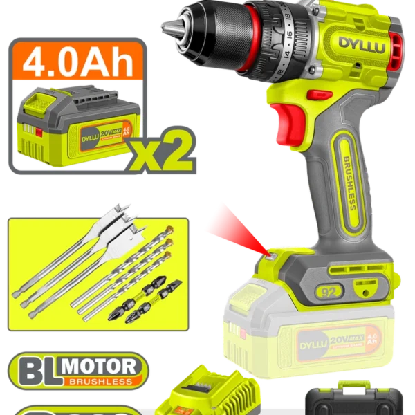 TALADRO INALAMBRICO PERCUTOR 1/2" 92 NM 20V CAJA PLASTICA INCLUYE 2 BATERIAS 20V (4.0AH), 1 CARGADOR Y ACCESORIOS DYLLU (UDTCDP9281)