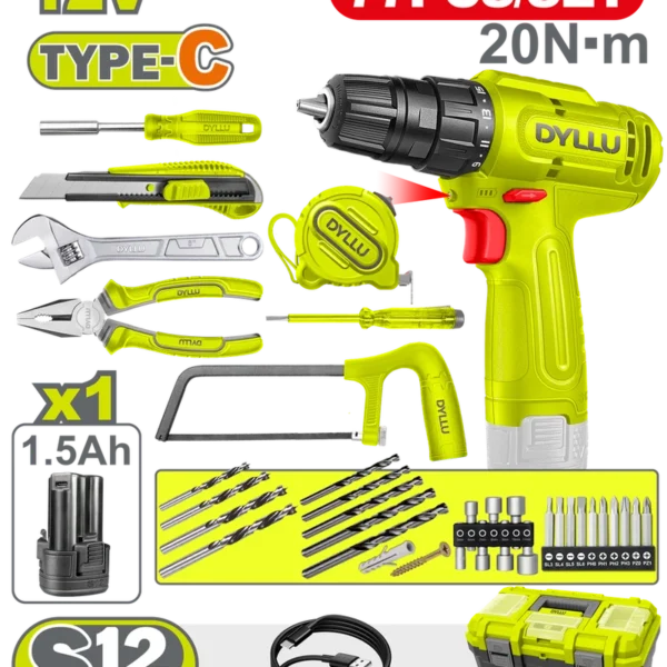TALADRO INALAMBRICO 3/8 (10MM) 12V + KIT DE HERRAMIENTAS 77 PZS DYLLU (DTDT4B77)
