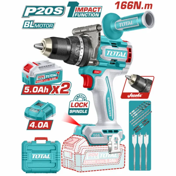 TALADRO INALAMBRICO PERCUTOR 1/2" 166NM 20V CAJA PLASTICA INCLUYE 2 BATERIAS 20V 5AH, 1 CARGADOR Y ACCESORIOS INDUSTRIAL SUPER TOTAL (UTIDLI201668)