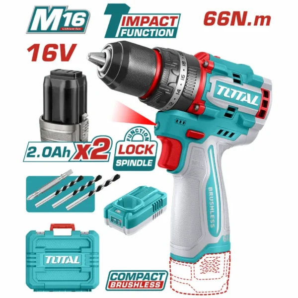 TALADRO INALAMBRICO PERCUTOR 1/2 16V 66NM INCLUYE 2 BATERIAS 2,0AH, CARGADOR Y ACCESORIOS  INDUSTRIAL SUPER TOTAL (UTIDLI166062)