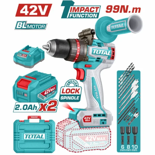 TALADRO INALAMBRICO PERCUTOR 1/2" 99NM 42V CAJA PLASTICA INCLUYE 2  BATERIA  2.0AH, 1 CARGADOR Y ACCESORIOS INDUSTRIAL SUPER TOTAL (UTIDLI429982)