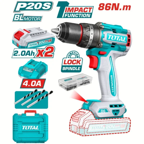 TALADRO INALAMBRICO PERCUTOR 1/2" 86NM 20V CAJA PLASTICA INCLUYE 2 BATERIA 2.0AH, 1 CARGADOR Y ACCESORIOS INDUSTRIAL SUPER TOTAL (UTIDLI208687)