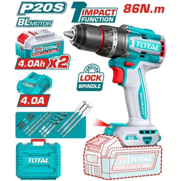 TALADRO INALAMBRICO PERCUTOR 1/2" 86NM 20V CAJA PLASTICA INCLUYE 2  BATERIA 4.0AH, 1 CARGADOR Y ACCESORIOS INDUSTRIAL SUPER TOTAL (UTIDLI208682)
