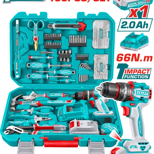 TALADRO PERCUTOR  INALAMBRICO 1/2" 20V 66NM + 1  BATERIA 2.0AH  + CARGADOR + 163 HERRAMIENTAS INDUSTRIAL SUPER TOTAL (UTHKTHP41667)