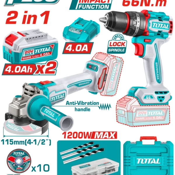 COMBO INALAMBRICO 20V PULIDORA  4 1/2 INDUSTRIAL 1000W + TALADRO PERCUTOR   1/2 66NM  + 2 BATERIAS 4.0AH + CARGADOR + ACCESORIOS CAJA PLASTICA INDUSTRIAL SUPER TOTAL (UTCKLI20256)