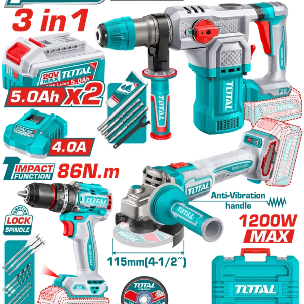 COMBO INALAMBRICO 20V TALADRO PERCUTOR  1/2" 86NM + PULIDORA 4-1/2" 1200W + TALADRO ROTOMARTILLO SDS PLUS 1-1/8"  4.5 JULES + 2 BATERIAS 5.0AH + CARGADOR 4.0AH INCLUYE ACCESORIOS INDUSTRIAL SUPER TOTAL (UTOSLI251195)