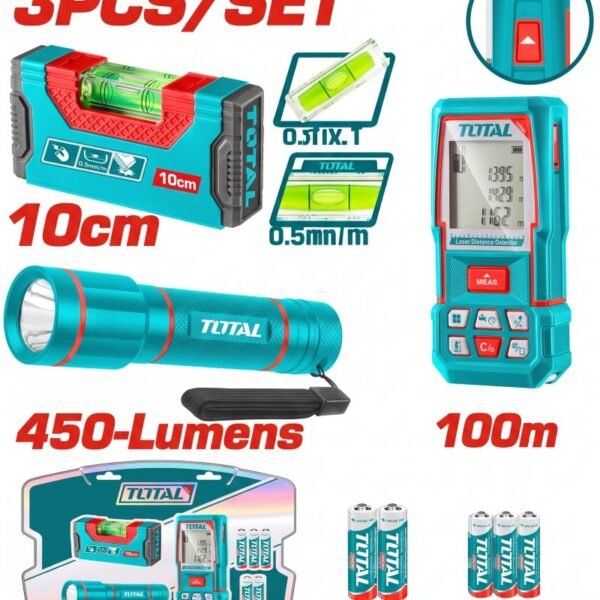 MEDIDOR DE DISTANCIAS LASER 100MTS + NIVEL 10CM IMANTADO + LINTERNA 450 LUMENES SUPER TOTAL INDUSTRIAL (TOS251003)